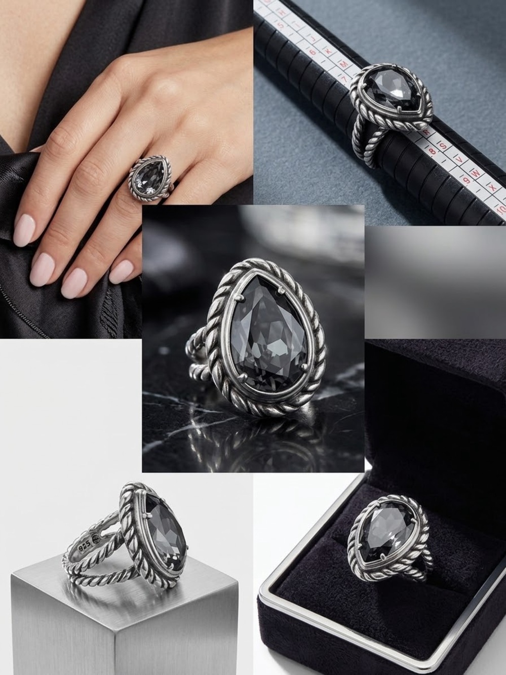 Source Unknown Silver Ring with Black Teardrop Stone